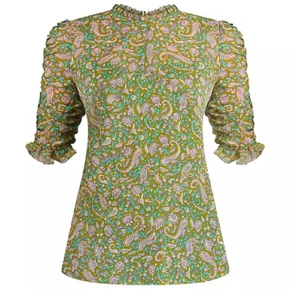 Veronica Beard Natuka Paisley Silk Ruched Short Sleeve Blouse Green Purple Top 6 - Picture 8 of 8